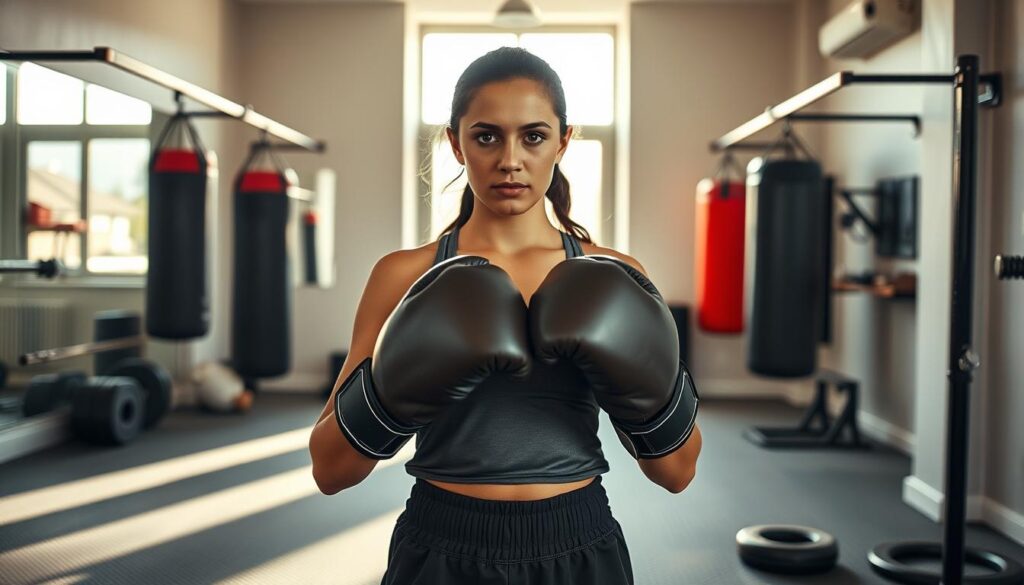A young female boxer, Julia Szeremeta, stands proudly in a sleek, organized home gym that reflects her dedication to her sport. In the foreground, Julia is depicted in modest athletic wear, holding boxing gloves with determination on her face. Her dark hair is pulled back neatly, and she exudes a strong, confident demeanor. In the middle ground, various boxing equipment such as punching bags and weights are strategically placed, showcasing her training environment. The background features a bright window allowing natural sunlight to filter in, casting warm hues across the room, emphasizing a motivational and inspiring atmosphere. The image should capture a dynamic low-angle perspective to enhance Julia's stature, symbolizing her ambitions and roots. The overall mood is empowering and focused, illustrating her journey as a young athlete. A young female boxer, Julia Szeremeta, stands proudly in a sleek, organized home gym that reflects her dedication to her sport. In the foreground, Julia is depicted in modest athletic wear, holding boxing gloves with determination on her face. Her dark hair is pulled back neatly, and she exudes a strong, confident demeanor. In the middle ground, various boxing equipment such as punching bags and weights are strategically placed, showcasing her training environment. The background features a bright window allowing natural sunlight to filter in, casting warm hues across the room, emphasizing a motivational and inspiring atmosphere. The image should capture a dynamic low-angle perspective to enhance Julia's stature, symbolizing her ambitions and roots. The overall mood is empowering and focused, illustrating her journey as a young athlete.