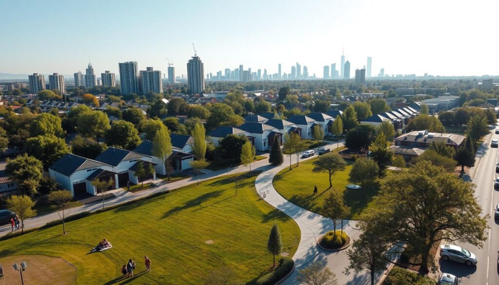 Aerial view of a modern residential area in the city, showcasing sleek architectural designs of homes surrounded by lush greenery. In the foreground, a well-maintained park with families enjoying leisure activities, and children playing, evokes a sense of community. The middle ground features busy streets with cars and bicycles, symbolizing urban life, while the background comprises a skyline of contemporary buildings under a bright blue sky, filtered sunlight casting warm, inviting tones. This vibrant scene captures the essence of a thriving neighborhood, reflecting stability and growth. Use a wide-angle lens to create depth and perspective, with soft lighting to enhance the friendly, welcoming atmosphere.