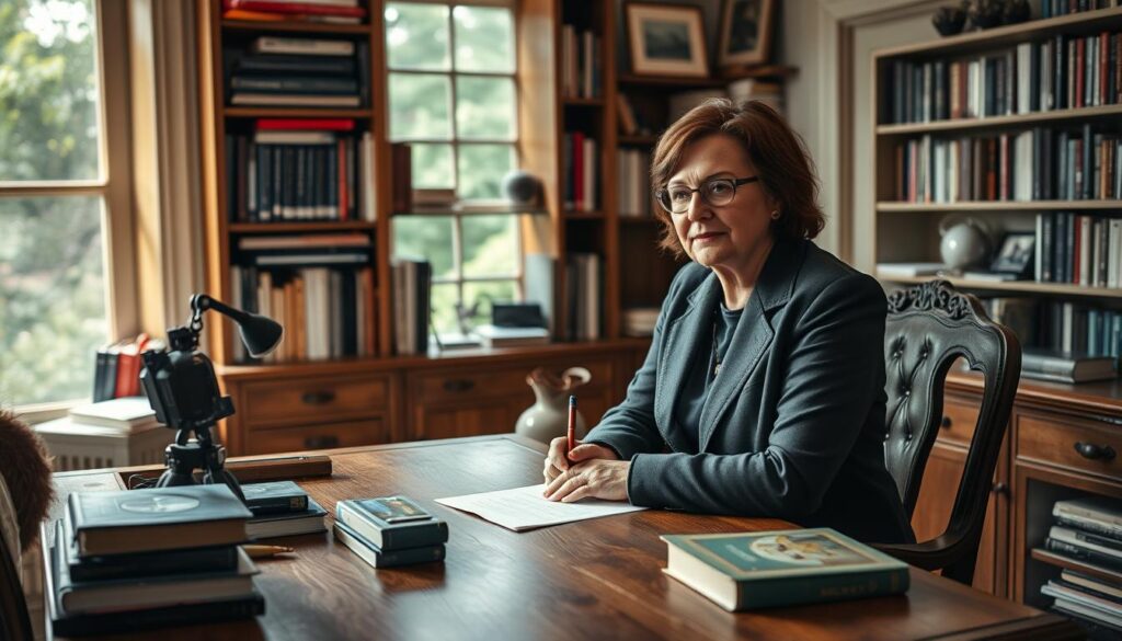 Agnieszka Holland seated at a vintage oak desk in a cozy study, surrounded by books and film paraphernalia, reflecting her accomplished directing career. The foreground features her thoughtful expression as she writes notes, dressed in elegant yet modest business attire. In the middle, shelves filled with classic films and novels create an inspiring atmosphere, while a soft, warm light filters through a nearby window, casting gentle shadows. The background showcases a glimpse of a lush garden visible through the window, symbolizing creativity and tranquility. The overall mood is reflective and intellectual, evoking a sense of depth and artistry in Holland’s life and work.