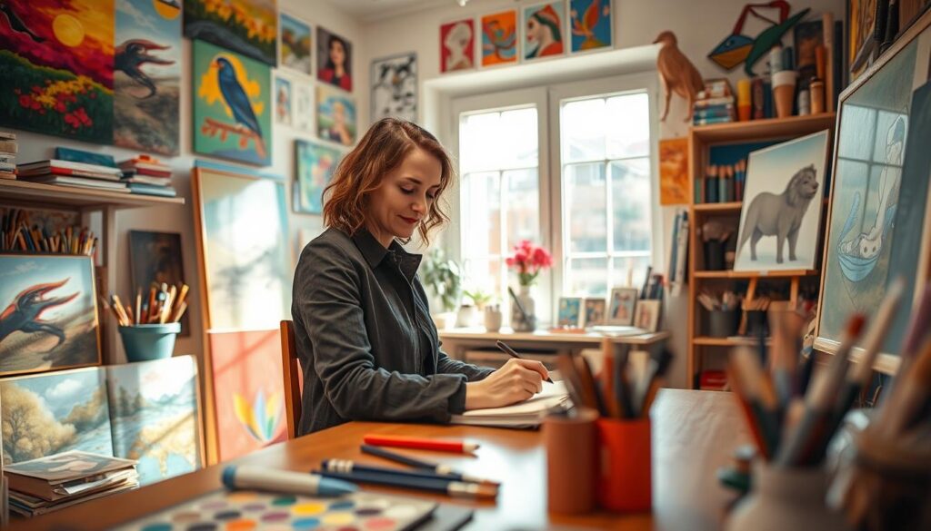 Alicja Węgorzewska, a renowned artist, in her cozy home studio, surrounded by vibrant paintings and artwork that reflect her creative spirit. In the foreground, she is seated at a wooden desk, wearing a stylish yet modest outfit, focused on sketching in her notebook. The middle ground features shelves filled with art supplies, brushes, and color palettes, while the background showcases a large window letting in warm, natural light, illuminating the room's rich textures and colors. The atmosphere is lively yet tranquil, embodying a blend of inspiration and comfort, with a soft focus for an intimate, inviting feel. The scene captures a moment of the artist's everyday life, celebrating her artistic journey.
