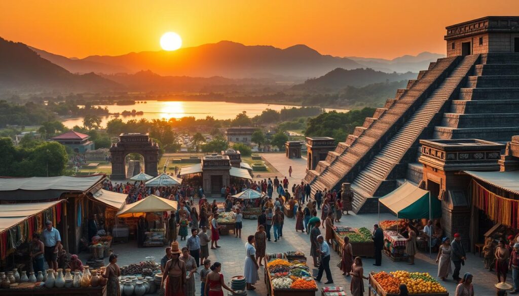 An ancient Aztec cityscape at dawn, showcasing the grandeur of Tenochtitlán with its majestic temples and vibrant markets. In the foreground, a bustling market filled with merchants selling colorful textiles, pottery, and food, while indigenous Aztec people in traditional attire engage in trade. The middle ground features impressive pyramids and the calming waters of Lake Texcoco reflecting the rising sun. In the background, mountains rise against a brightening sky, adding depth to the landscape. Soft, warm lighting bathes the scene, creating a sense of wonder and history. The atmosphere is lively, echoing with the sounds of commerce and daily life, evoking a rich cultural heritage. The composition captures the essence of this ancient civilization, its architectural splendor, and dynamic community. An ancient Aztec cityscape at dawn, showcasing the grandeur of Tenochtitlán with its majestic temples and vibrant markets. In the foreground, a bustling market filled with merchants selling colorful textiles, pottery, and food, while indigenous Aztec people in traditional attire engage in trade. The middle ground features impressive pyramids and the calming waters of Lake Texcoco reflecting the rising sun. In the background, mountains rise against a brightening sky, adding depth to the landscape. Soft, warm lighting bathes the scene, creating a sense of wonder and history. The atmosphere is lively, echoing with the sounds of commerce and daily life, evoking a rich cultural heritage. The composition captures the essence of this ancient civilization, its architectural splendor, and dynamic community.