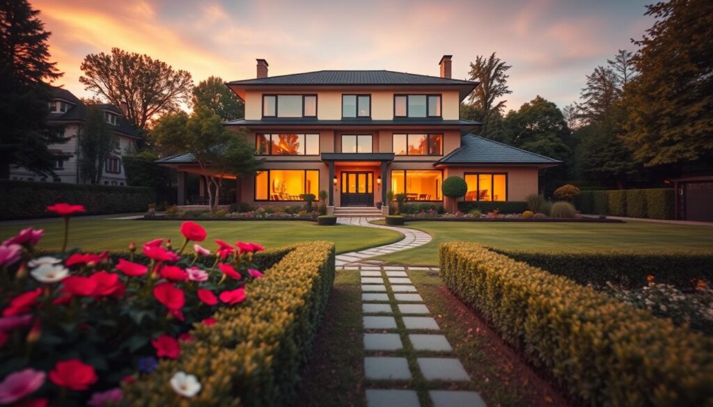 An elegant, contemporary house reflecting the residence of Jacek Jaśkowiak, the president of Poznań. The foreground features a well-kept garden with vibrant flowers and manicured hedges, leading up to the entrance of the home. In the middle, the architecture showcases a blend of modern and traditional Polish styles, with large windows and a welcoming front door. A subtle path winds through the garden, inviting visitors. The background captures a serene neighborhood with trees and the sky painted in soft pastel colors at dusk, creating a calm and inviting atmosphere. The lighting is warm and golden, emphasizing the home’s charm. The angle is slightly elevated, providing a broad view that encapsulates the essence of this prominent political figure's residence.