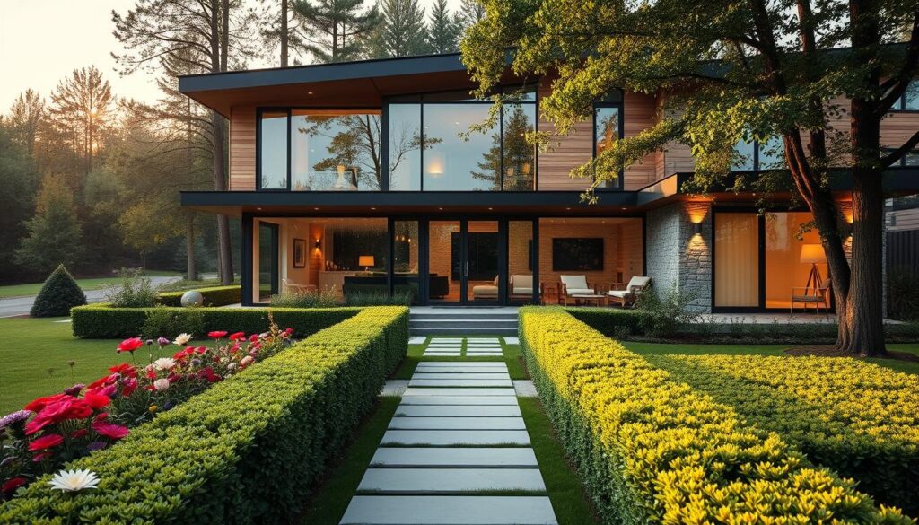 An elegant, modern home reflecting the lifestyle of Polish singer Małgorzata Ostrowska. The foreground features a charming garden with vibrant flowers and neatly trimmed hedges, leading to a stylish entrance adorned with warm, inviting lights. The middle showcases the sleek façade of the house, characterized by large windows and a blend of wooden and stone materials, creating a harmonious connection with nature. In the background, a serene landscape sets the scene, with lush greenery and soft, golden sunlight filtering through trees, imbuing the setting with warmth and tranquility. The atmosphere is peaceful and refined, captured from a slightly elevated angle to highlight the stunning architecture while maintaining a cozy, homey feel.