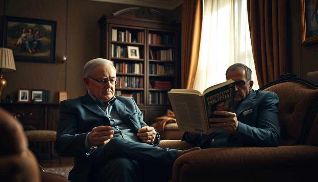 An intimate scene depicting the personal life of Jarosław Kaczyński, focusing on a cozy, elegantly furnished living room. In the foreground, a well-dressed middle-aged man, embodying Kaczyński’s likeness, is sitting comfortably on a classic armchair, deeply engaged in reading a book about politics. A warm, inviting light filters in through the window, casting soft shadows and highlighting the rich textures of the furniture. In the middle ground, a tasteful bookshelf filled with literature and family photos adds character to the space. The background features curtains gently swaying, evoking a sense of tranquility. The mood is reflective and serene, capturing a private moment that conveys the balance between public duty and personal life.