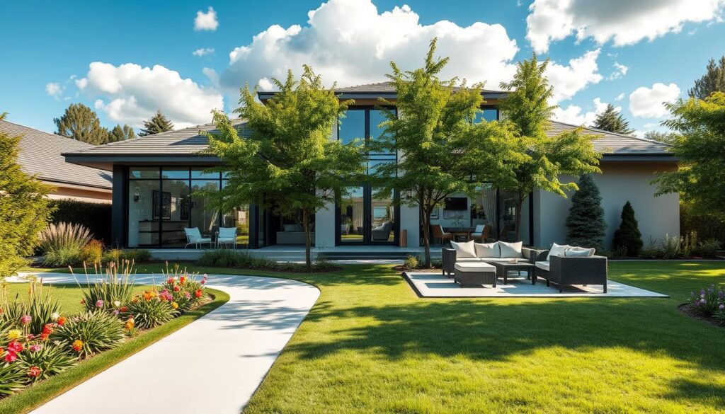 Dominik Abus’s current residence, depicted in a suburban setting with a stylish, modern house showcasing large windows and a beautifully manicured garden. In the foreground, include a sleek pathway leading to the front door, flanked by colorful flower beds. The middle ground features a cozy seating area with outdoor furniture, adorned with soft cushions, surrounded by lush green trees for privacy. In the background, a clear blue sky with fluffy clouds enhances the scene, providing a bright, inviting atmosphere. Soft, natural lighting casts gentle shadows, giving the image a warm and welcoming feel. The composition should evoke a sense of comfort and tranquility, capturing the essence of a celebrity’s modern home.