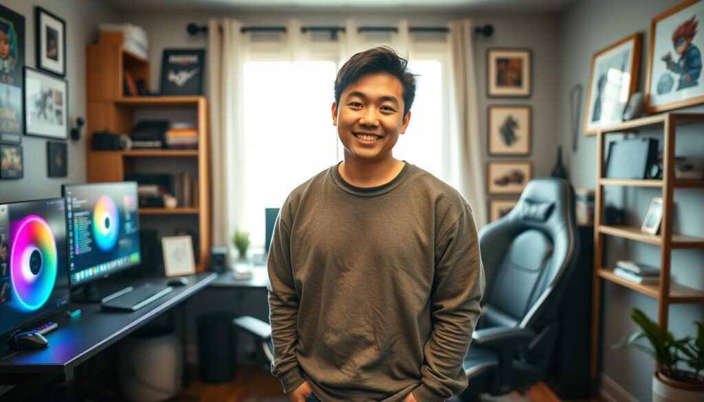Isamu, a well-known streamer, stands in front of his cozy, well-decorated home office. The foreground features a sleek desk with a high-end gaming computer, colorful LED lights casting a soft glow, and plush gaming chair. In the middle, Isamu, dressed in a stylish but modest casual outfit, is smiling warmly, showcasing his approachable personality. The background reveals shelves lined with gaming memorabilia, books, and framed art, reflecting his interests and hobbies. Natural light filters through a large window, creating a warm and inviting atmosphere. The image is captured from a slightly elevated angle, emphasizing the comfort of his workspace while exuding a friendly, creative vibe.