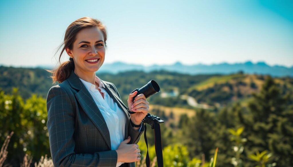 Kinga Rusin is depicted as a confident female journalist and traveler in a vibrant outdoor setting. In the foreground, she stands elegantly, wearing professional business attire, exuding poise and charisma. Her expression is warm and inviting, as she holds a camera to capture the essence of her adventures. The middle ground features a rich landscape showcasing lush greenery and distant mountains, hinting at her travels. The background is filled with a clear blue sky, bathed in soft sunlight creating a serene atmosphere. The overall mood is inspiring and dynamic, inviting viewers to learn more about her journey and passion for exploration. The composition should be in a portrait orientation, with a slight low-angle perspective to enhance her stature and presence, while ensuring the lighting is natural and bright, illuminating her features beautifully.