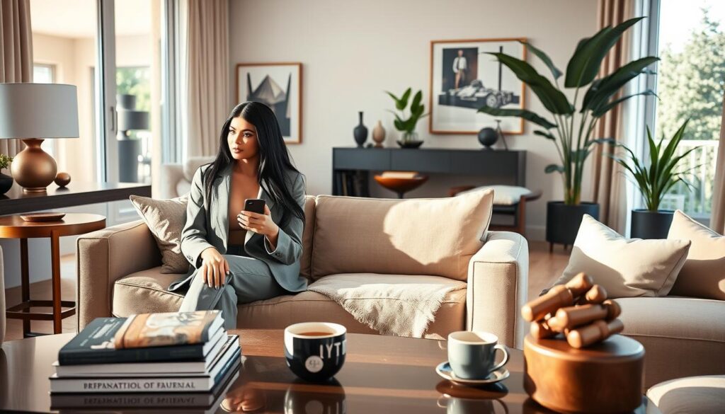 Kylie Jenner in her personal life, seated comfortably in a modern, stylish living room with elegant furnishings. She wears a chic, professional outfit, embodying both sophistication and approachability. Soft natural light filters through large windows, casting a warm glow. In the foreground, a tastefully arranged coffee table with inspirational books and a cup of coffee hints at her entrepreneurial spirit. The middle section features Kylie engaged in a casual yet focused moment, perhaps looking at her phone or thoughtfully gazing outside. The background showcases a glimpse of her beautifully decorated home, reflecting her unique style: muted colors, contemporary art pieces, and lush indoor plants, creating a serene and inviting atmosphere that captures her essence as a successful businesswoman and private individual.