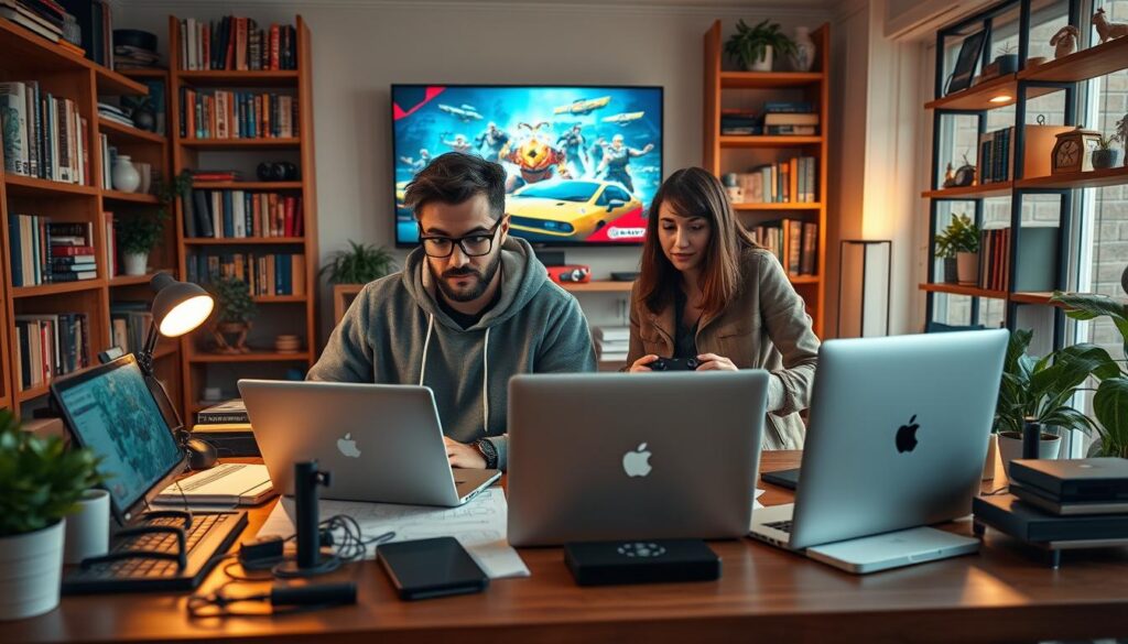 Vito and Bella, renowned gaming creators, are depicted in their home office during the pandemic. In the foreground, a stylish wooden desk cluttered with gaming paraphernalia, laptops, and sketches of game designs. Vito, a man in his mid-30s, wears a comfortable, stylish hoodie and glasses, intently focused on his laptop. Bella, a woman in her late 20s, dons a smart casual outfit, standing beside him with a gaming controller in her hand, brainstorming ideas. In the middle ground, a large wall-mounted screen displays vibrant concept art of their latest game. The background shows bookshelves filled with game design books, figurines, and plants, all bathed in warm, soft lighting, creating a cozy, inspiring atmosphere that reflects their creativity during isolation. The scene is captured with a slightly angled lens to emphasize depth. Vito and Bella, renowned gaming creators, are depicted in their home office during the pandemic. In the foreground, a stylish wooden desk cluttered with gaming paraphernalia, laptops, and sketches of game designs. Vito, a man in his mid-30s, wears a comfortable, stylish hoodie and glasses, intently focused on his laptop. Bella, a woman in her late 20s, dons a smart casual outfit, standing beside him with a gaming controller in her hand, brainstorming ideas. In the middle ground, a large wall-mounted screen displays vibrant concept art of their latest game. The background shows bookshelves filled with game design books, figurines, and plants, all bathed in warm, soft lighting, creating a cozy, inspiring atmosphere that reflects their creativity during isolation. The scene is captured with a slightly angled lens to emphasize depth.