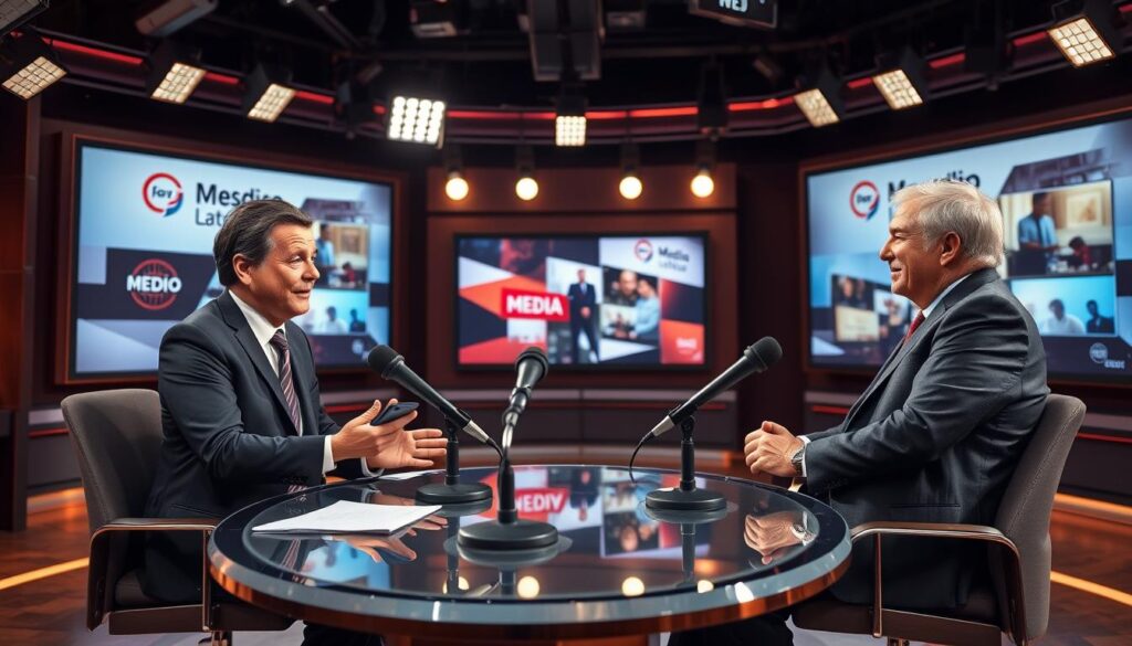 A charismatic television host interviews a dignified older man, representing Roman Polko, in a well-lit studio setting. The foreground features the host, dressed in professional business attire, capturing the audience's attention with engaging gestures. The middle showcases Polko, looking confident and approachable, wearing a smart casual outfit. They are seated at an elegant round table with microphones in front of them, surrounded by bright studio lights that create a warm, inviting atmosphere. In the background, large LED screens display imagery related to media collaboration, such as logos and clips, without any text. The overall mood conveys professionalism and warmth, highlighting the theme of collaboration with the media. The angle is slightly elevated, offering a clear view of both subjects and the studio environment, ensuring a polished presentation.