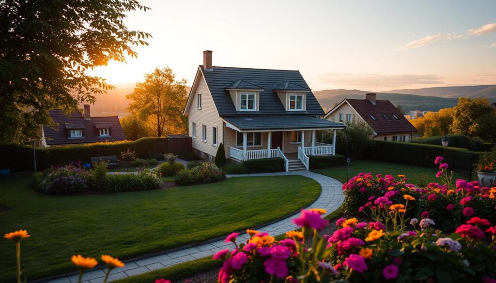 A charming suburban house in a quiet neighborhood near Warsaw, Poland, surrounded by lush greenery and colorful flowers. The foreground features a well-maintained garden with vibrant flowers and a cozy pathway leading to the house. In the middle, a two-story house with a modern architectural style, large windows, and a welcoming porch. The background showcases gentle hills and a peaceful sky at sunset, casting warm golden light on the scene. The atmosphere is serene and inviting, reflecting a sense of privacy and comfort. Capture the scene with a soft focus lens, emphasizing the warmth of the lighting and the tranquil environment. No people are included in the image, allowing the focus to remain solely on the house and its surroundings.