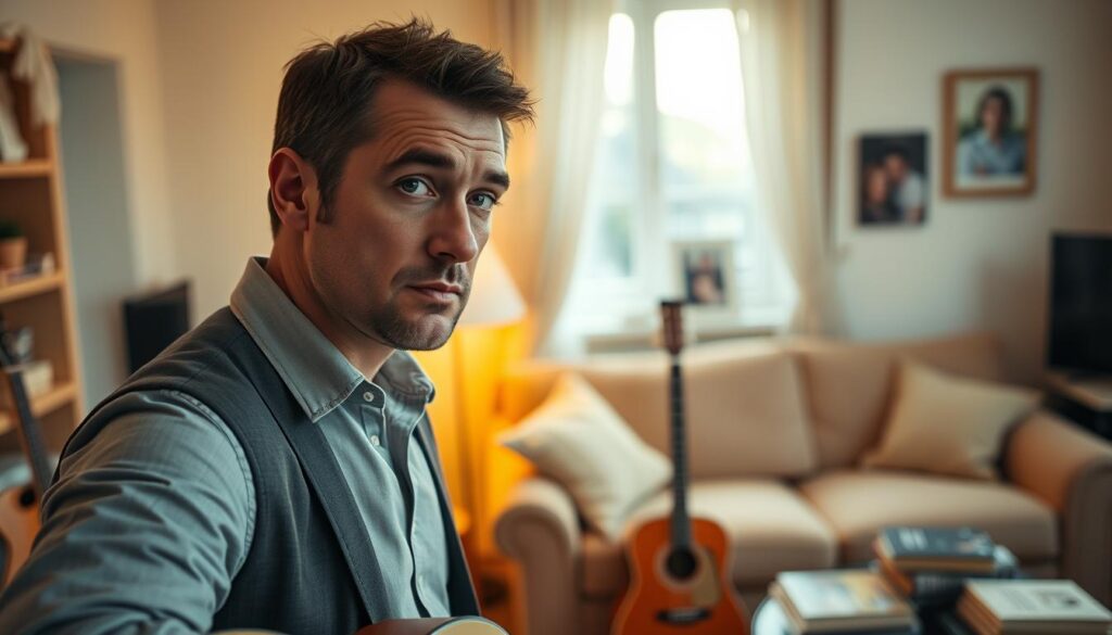 A close-up portrait of Michał Wójcik, a popular comedian, looking contemplative and thoughtful, standing in a cozy living room filled with warm light. He is dressed in smart casual attire, reflecting a relatable yet professional image. In the foreground, there are personal items like a guitar and books, hinting at his creative life. The middle ground shows a softly lit couch and a window with gentle sunlight filtering through, creating a serene atmosphere. In the background, hints of family photos add a personal touch. The overall mood is one of introspection and warmth, capturing the challenges of his private life while maintaining a sense of humor inherent to his character. The angle is slightly tilted to emphasize depth and capture a candid moment. A close-up portrait of Michał Wójcik, a popular comedian, looking contemplative and thoughtful, standing in a cozy living room filled with warm light. He is dressed in smart casual attire, reflecting a relatable yet professional image. In the foreground, there are personal items like a guitar and books, hinting at his creative life. The middle ground shows a softly lit couch and a window with gentle sunlight filtering through, creating a serene atmosphere. In the background, hints of family photos add a personal touch. The overall mood is one of introspection and warmth, capturing the challenges of his private life while maintaining a sense of humor inherent to his character. The angle is slightly tilted to emphasize depth and capture a candid moment.
