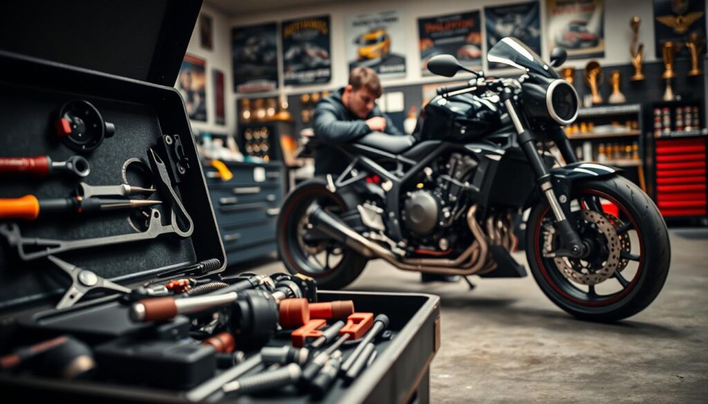 A close-up view of a modern speedway motorcycle in a workshop, showcasing various technological components like engines, tires, and suspension systems. The foreground features a well-organized toolbox with high-quality tools and replacement parts, symbolizing the challenges of maintenance and equipment upgrades in contemporary speedway racing. In the middle ground, a mechanic, dressed in professional work attire, is inspecting a bike with focus and determination, hinting at the intense preparation required for races. The background reveals racing posters and trophies, creating an atmosphere of aspiration and hard work. Soft, ambient lighting enhances the industrial feel of the space, and a slight depth of field emphasizes the intricate details of the motorcycle's design, conveying the dynamic nature of modern motorcycle racing.