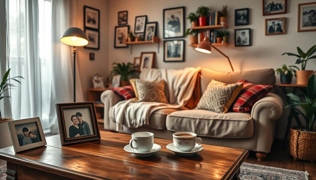 A cozy and inviting apartment interior filled with cherished memories. In the foreground, a vintage wooden coffee table adorned with framed family photos and a steaming cup of tea. The middle section features a plush, comfortable sofa draped with a soft blanket, and a floor lamp casting warm light. On the walls, photo frames and wall art that depict significant life moments. The background reveals a small bookshelf bustling with colorful books and potted plants, enhancing the homely atmosphere. Soft, natural light filters through sheer curtains, creating an inviting ambiance. The room evokes nostalgia and warmth, capturing the essence of a space rich with personal history and tranquility.
