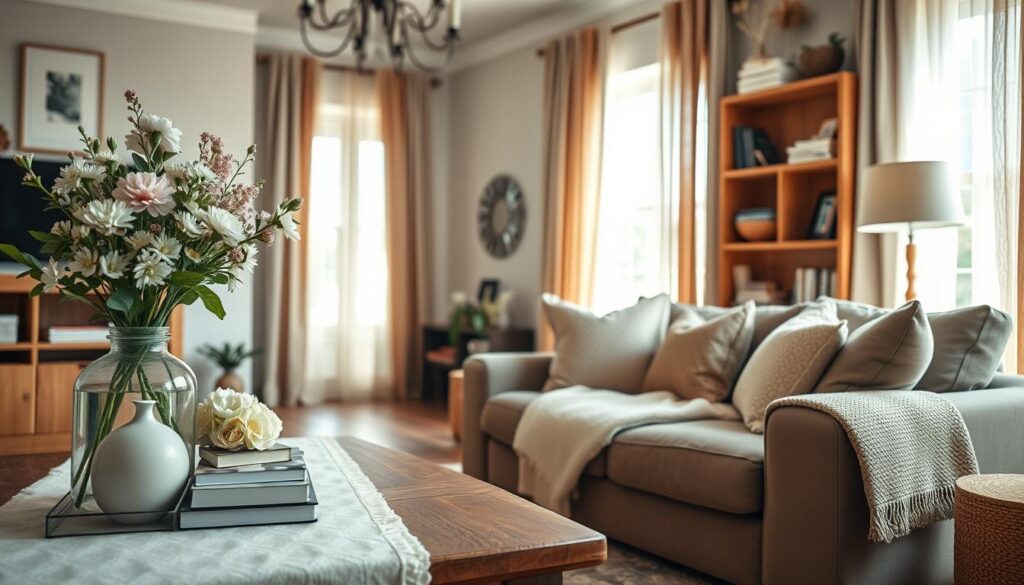 A cozy and inviting living room interior featuring elegant decorative accessories that enhance the homey atmosphere. In the foreground, a beautifully arranged coffee table with a soft pastel runner, a stylish vase filled with fresh flowers, and neatly stacked art books. The middle ground displays a plush sofa adorned with tasteful throw pillows and a textured blanket, beside a warm wooden bookshelf filled with curated items. The background reveals softly lit windows with sheer curtains allowing natural light to filter in, illuminating the room's rich color palette of earthy tones and gentle pastels. The scene conveys a serene and welcoming ambiance, capturing the essence of home decor that adds character and warmth to the living space. Aim for a soft focus with a slight warmth in the lighting, mimicking late afternoon sun.