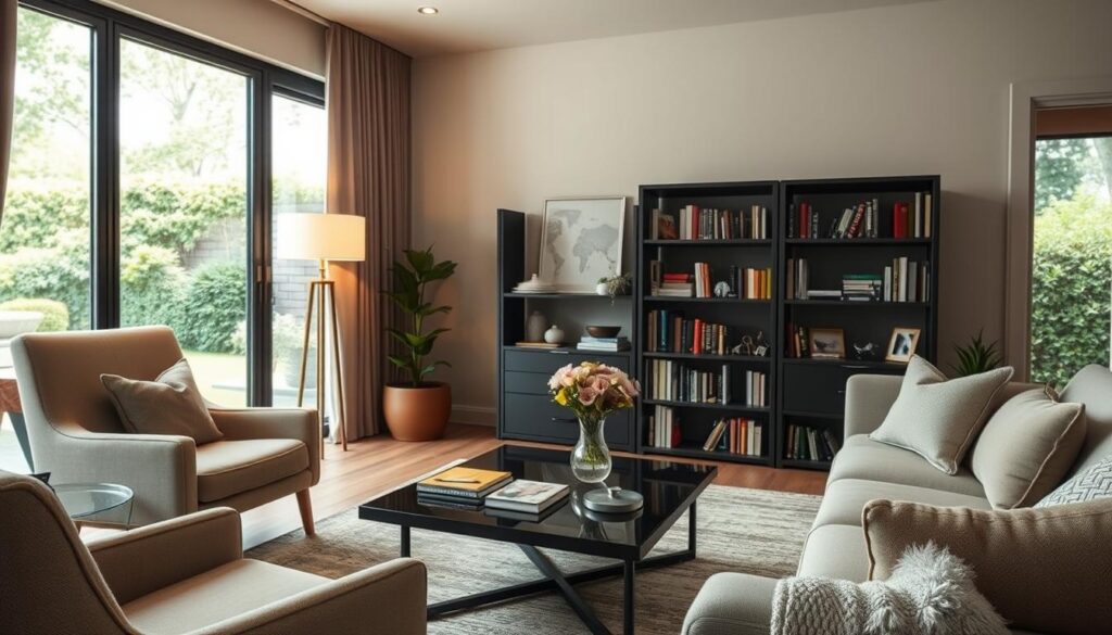 A cozy, elegantly decorated living room reflecting the current life of Teresa Lipowska. In the foreground, a stylish armchair upholstered in soft fabric, beside a modern coffee table adorned with a small vase of fresh flowers. The middle ground features a tastefully arranged bookshelf filled with books and personal memorabilia. A warm, inviting atmosphere is established by soft, ambient lighting coming from a standing lamp in one corner. In the background, large windows allow natural light to flood the space, revealing a serene view of a lush garden outside, promoting tranquility. The overall mood is one of comfort and sophistication, showcasing a harmonious blend of contemporary design and personal touches. The perspective is at eye level for a welcoming feel.