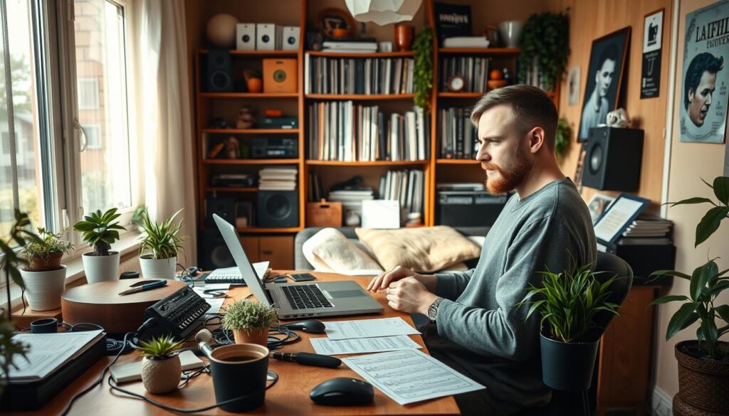 A cozy home studio featuring Kamil Bednarek, a Polish musician in modest casual clothing, deeply engaged in creating music. The foreground showcases a wooden desk cluttered with musical instruments like a guitar, keyboard, and scattered sheets of music. Kamil is seated at the desk, focused on his laptop with a thoughtful expression, surrounded by potted plants that add a touch of nature. In the middle ground, shelves filled with vinyl records and musical memorabilia reflect his artistic journey. The background reveals a warm, inviting living space with soft lighting that creates a relaxed atmosphere. Soft sunlight filters through a window, illuminating the room and enhancing a sense of creativity and inspiration. The overall mood is peaceful and reflective, capturing the essence of his daily life as a musician.