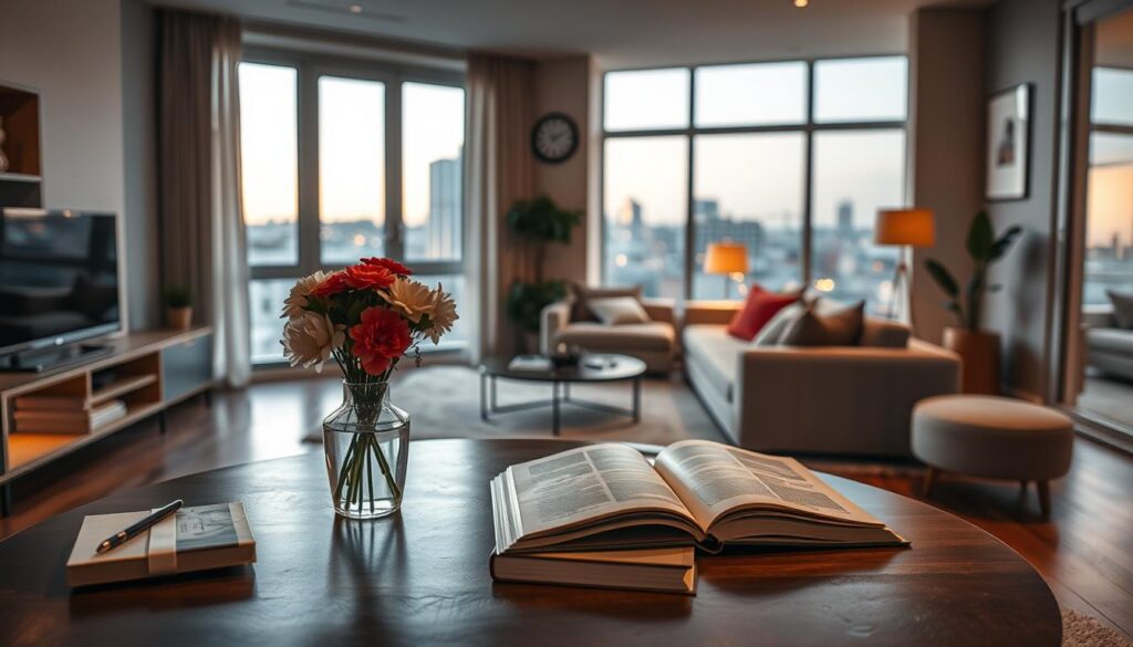A cozy interior of an apartment on Czerniakowska Street, with a view of a modern living space that reflects urban elegance. In the foreground, a stylish coffee table adorned with a vase of fresh flowers and a few open books. The middle ground features a spacious living area with comfortable seating, accentuated by warm lighting that creates an inviting atmosphere. A large window in the background offers a glimpse of the cityscape outside, bathed in soft evening light. The color palette includes warm, earthy tones interspersed with pops of vibrant colors. The overall mood is serene and sophisticated, capturing the essence of urban living in a bustling city. No people included in this serene apartment setting.