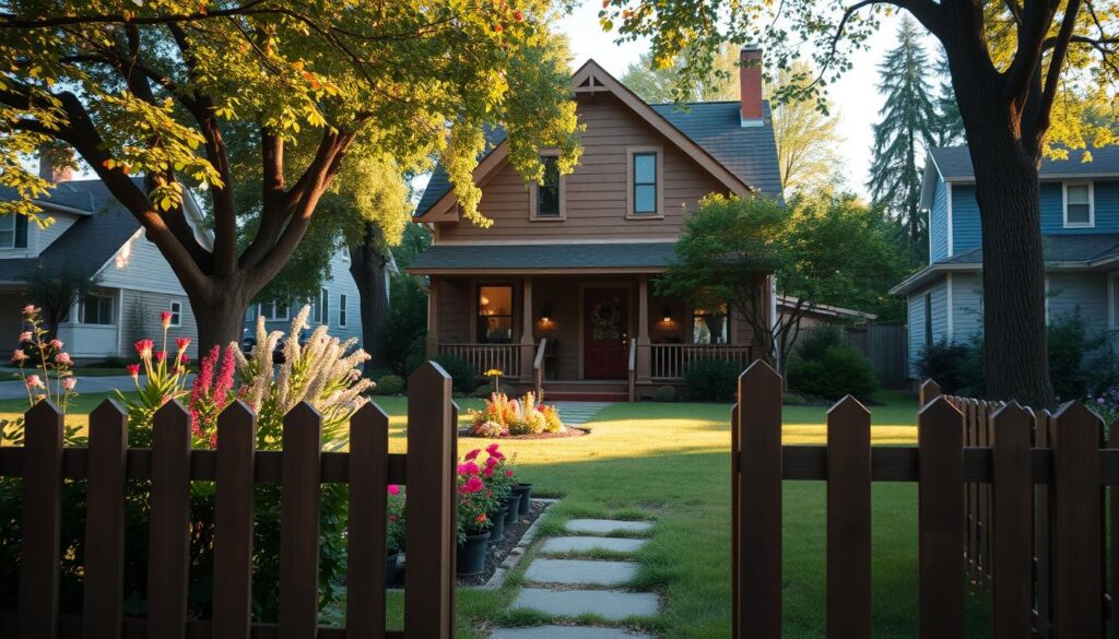A cozy, inviting home in a serene neighborhood, showcasing a well-maintained garden with colorful flowers and a small path leading to the front door. The foreground features a classic wooden fence and a beautifully landscaped lawn. In the middle ground, the house is a charming two-story structure with large windows, a welcoming porch, and warm, earthy tones. The background displays a peaceful suburban scene, with trees gently swaying in the breeze, and soft sunlight filtering through the leaves, casting playful shadows. The mood is tranquil and welcoming, evoking a sense of comfort and belonging. The lighting is soft and golden, reminiscent of early evening, captured from a slightly elevated angle to encompass the lush surroundings.