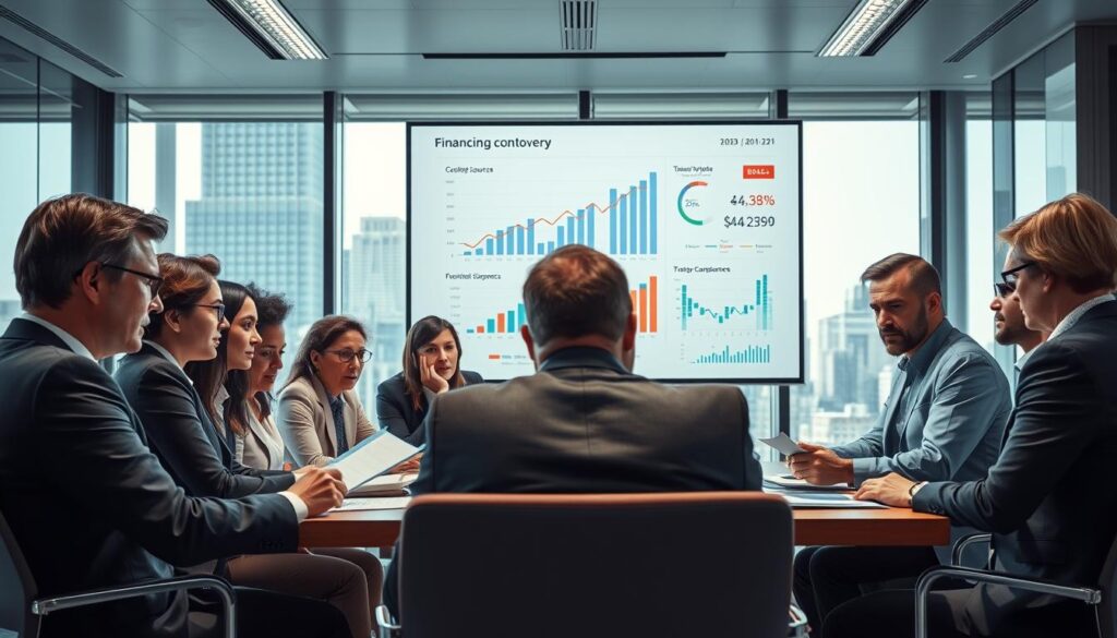 A detailed scene depicting a financial office environment focused on the themes of controversy and funding. In the foreground, a group of diverse professionals in business attire are gathered around a conference table, intensely discussing documents and financial reports. They exhibit expressions of concern and determination. The middle ground features a large screen displaying graphs and statistics related to funding sources, symbolizing financial scrutiny. In the background, large windows let in natural light, illuminating a modern cityscape, creating a contrast between transparency and the underlying tension of the topic. The overall atmosphere is serious yet dynamic, reflecting the ongoing debates related to Tadeusz Rydzyk’s financing controversies. The lighting is bright and professional, emphasizing clarity and focus.