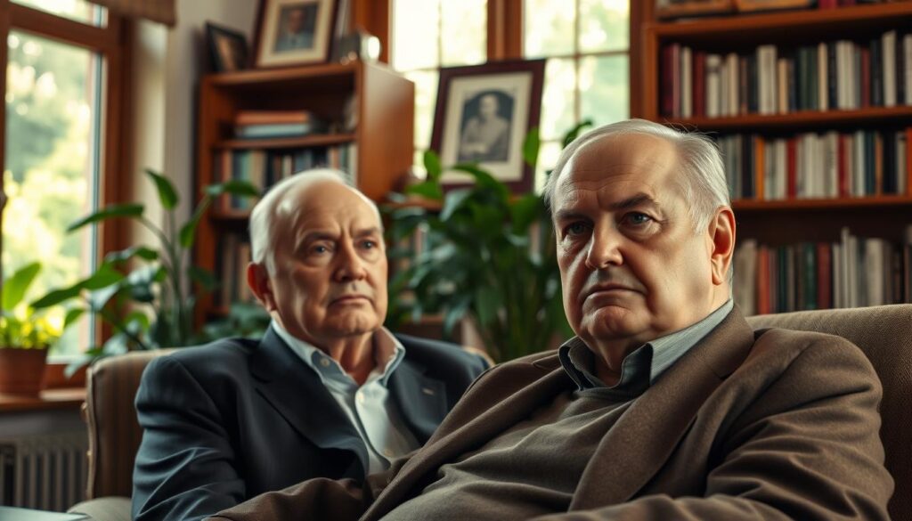 A dignified portrait of Mikhail Gorbachev after his presidency, seated on a comfortable armchair in a cozy, well-lit study. The foreground shows Gorbachev, a distinguished older man with a thoughtful expression, wearing a smart casual outfit. In the midground, a wooden bookshelf filled with books and memorabilia from his life creates a personal backdrop. Lush green plants peek through the window, which reveals a tranquil garden outside, bathed in warm afternoon sunlight. The atmosphere should feel serene and reflective, capturing a sense of introspection and wisdom as he recalls his legacy. Use soft lighting to enhance the warm tones of the room, reflecting a peaceful end to a remarkable career. The angle should be slightly elevated, providing a glimpse into his space while focusing on his face.