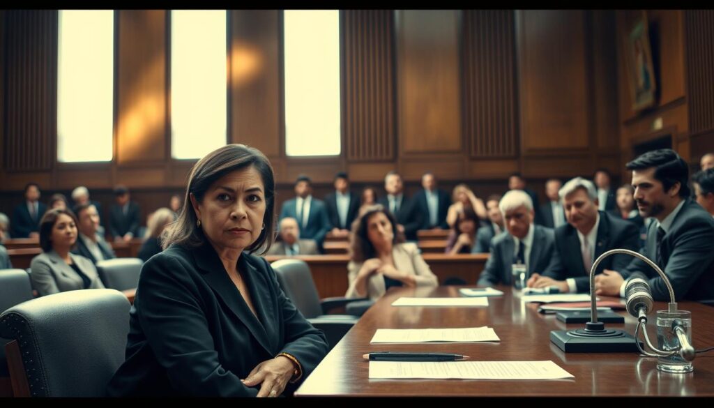 A dramatic courtroom scene depicting a legal battle over guardianship, showcasing a judge in a black robe presiding over the case. In the foreground, a somber woman in professional business attire sits at a lawyer's table, her expression filled with concern. The middle ground features a diverse group of individuals, including lawyers, each engaged in intense discussion, showcasing a variety of emotions from frustration to determination. In the background, the courtroom is filled with wooden panels and high ceilings, bathed in soft, natural lighting filtering through tall windows, creating a serious and tense atmosphere. The overall mood reflects the weight of the legal proceedings, capturing the gravity of the situation without any text or distractions.