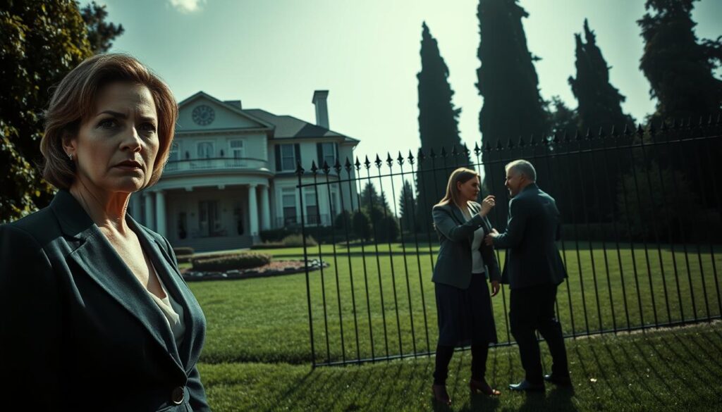 A dramatic family conflict scene focused on a wealthy actress's estate. In the foreground, a well-dressed woman in her 30s, with an expression of concern, stands beside an elegant mansion, which showcases opulence through its grand architecture and manicured gardens. In the middle, a grayscale image of two family members arguing passionately, their body language conveying tension as they gesture angrily. In the background, an imposing fence surrounds the property, hinting at both luxury and isolation, bordered by tall, looming trees that create a shadowy atmosphere. The lighting casts dramatic shadows, emphasizing the mood of conflict and secrecy. The perspective is slightly low angle, giving a sense of grandeur to the estate while highlighting the emotional turmoil.