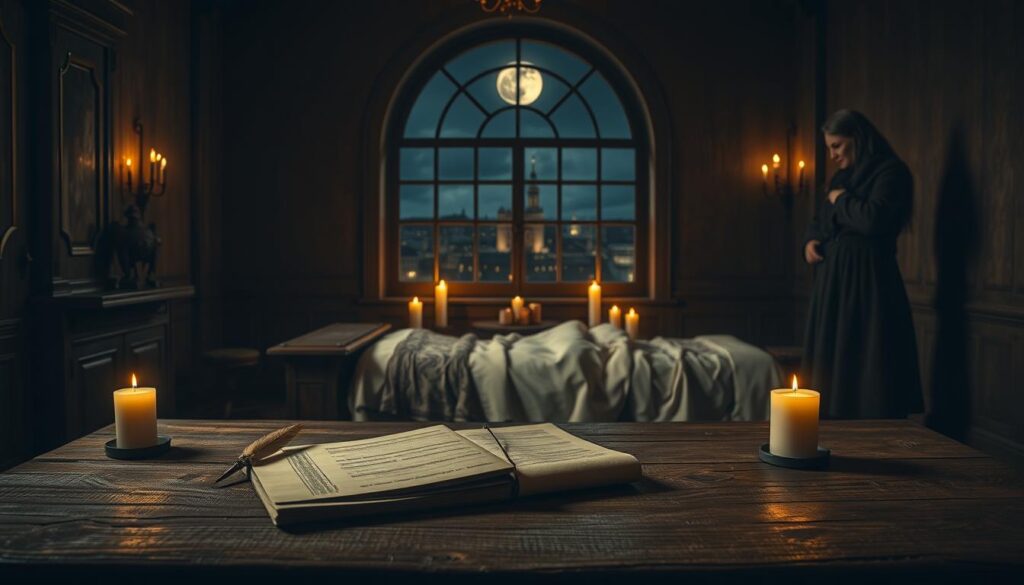 A melancholic scene depicting the death of Jan Kochanowski in Lublin, set within a dimly lit, softly illuminated chamber that conveys a somber mood. In the foreground, a wooden table holds a quill and parchment, hinting at his literary legacy, while a somber figure in modest attire stands by, overwhelmed with grief. The middle ground features a bed with elegant but simple linens, symbolizing his last moments, surrounded by flickering candles casting warm light and shadows. In the background, an arched window reveals a nighttime view of Lublin, with a moonlit sky, enhancing the atmosphere of loss and contemplation. The overall composition should evoke a sense of reverence and melancholy, with soft lighting to enrich the emotional depth of the scene.
