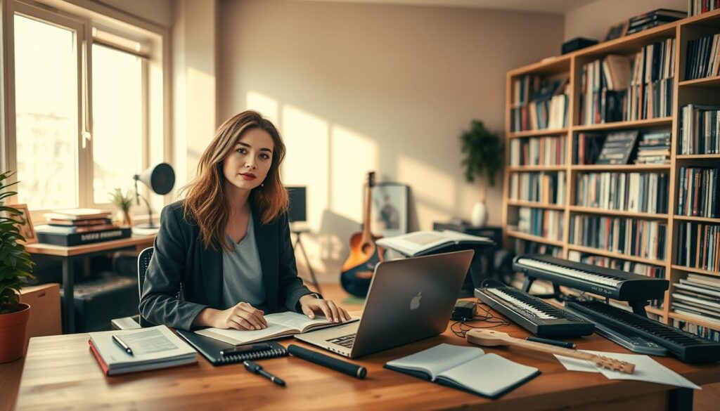 A modern, artistic workspace featuring a female musician, Tatiana Okupnik, surrounded by her creative materials, symbolizing her upcoming music projects. In the foreground, she is seated at a stylish wooden desk with notebooks, a laptop, and various musical instruments like a guitar and a keyboard. Her outfit is a blend of casual elegance, wearing a smart blazer over a simple tee. In the middle background, a large window allows soft, natural light to filter in, casting gentle shadows across the room. Shelves filled with books and records line the walls, creating an inviting atmosphere. The background is a warm, muted color palette, emphasizing a creative yet focused ambiance. The overall mood reflects inspiration, dedication, and the excitement of new musical endeavors.