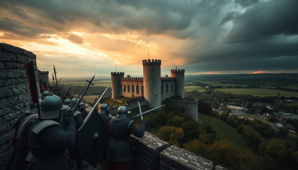 A panoramic view of Olsztyn Castle, during a dramatic defense against the Teutonic Knights. In the foreground, a group of medieval soldiers clad in chain mail and armor, wielding swords and shields, are positioned valiantly at the castle walls. In the middle ground, the robust castle structure, with its tall stone towers and crenelated battlements, stands resilient against the backdrop of a darkening sky, hinting at an impending storm. The background features sprawling lush green hills and a distant glimpse of the surrounding village. The lighting is moody and atmospheric, with dramatic shadows cast by the setting sun, highlighting the intensity of the moment. The overall mood conveys tension and courage, encapsulating a critical historical defense scene.
