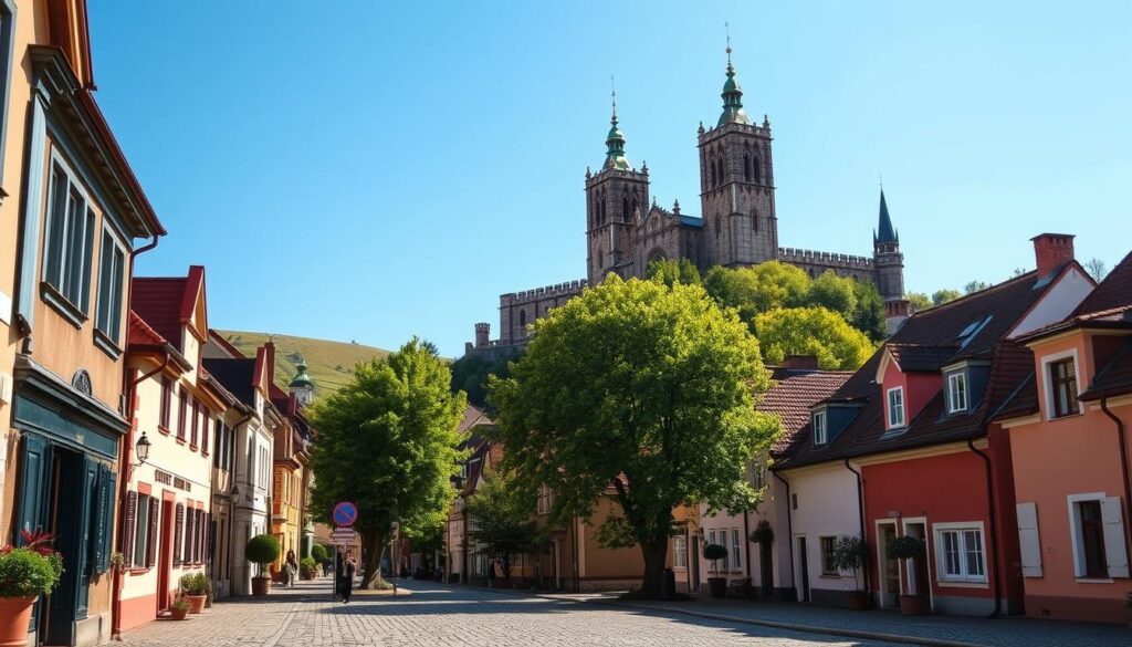 A picturesque view of Lidzbark Warmiński, showcasing its historic architecture and natural beauty. In the foreground, a quaint cobblestone street lined with charming, colorful houses leads towards a magnificent Gothic castle with tall towers, symbolizing the significance of the region. The middle ground features lush, green trees under a clear blue sky, creating a serene atmosphere that reflects the importance of the area in history. In the background, the gentle slopes of nearby hills create a sense of tranquility. Soft, warm sunlight bathes the scene, highlighting the textures of the buildings and nature. The mood is peaceful and reflective, ideal for illustrating the cultural heritage of this significant location. The image should not contain any text or human figures.