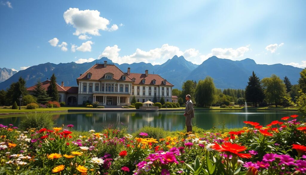 A picturesque view of a German estate in Rottach-Egern, surrounded by the serene landscape of the Bavarian Alps. In the foreground, a beautifully manicured garden full of vibrant flowers and lush greenery leads up to the elegant facade of the estate, featuring classic architecture with large windows and a tiled roof. The middle ground highlights a tranquil lake reflecting the mountains and the estate, adding to the serene atmosphere. In the background, majestic peaks create a dramatic skyline under a clear blue sky with soft, fluffy clouds. The scene is bathed in warm afternoon sunlight, casting gentle shadows and creating a peaceful, nostalgic mood. The angle should capture the depth and beauty of this pristine setting, inviting the viewer to experience the charm of this renowned location.
