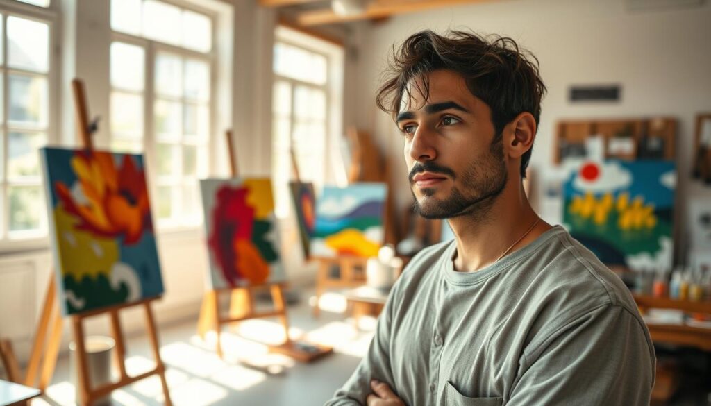 A pivotal moment in an artist's life, capturing the essence of creativity and personal transformation. In the foreground, a thoughtful male artist in modest casual clothing, standing pensively in a sunlit studio filled with colorful canvases and paint supplies. His expressive face reflects contemplation and hope. In the middle ground, easels display partially completed vibrant paintings, showcasing a blend of abstract and realistic styles, symbolizing his artistic evolution. The background features large windows with soft natural light streaming in, illuminating the space and creating a warm, inviting atmosphere. The setting conveys a sense of serenity and inspiration, with gentle shadows enhancing the depth. The mood is reflective and uplifting, illustrating a significant breakthrough in the artist's personal journey.