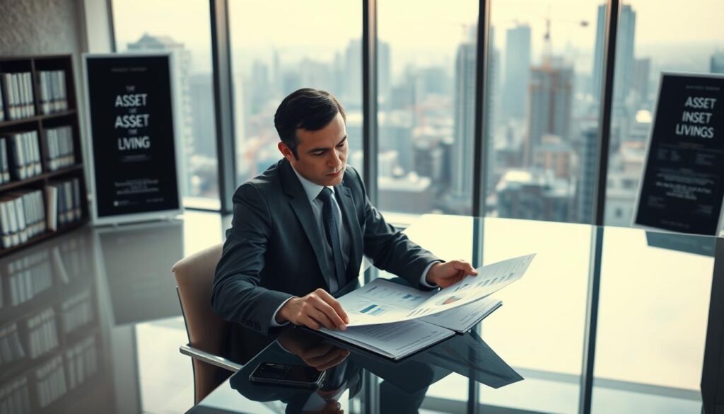 A professional CFO analyzing asset investments in a modern office setting. In the foreground, a sophisticated individual in formal business attire is seated at a sleek glass desk, reviewing financial documents and charts. The middle layer features a large window with a cityscape view, showing high-rise buildings and cranes, indicating an active urban development. The background is softly blurred, suggesting a well-organized office with shelves of financial books and a subtle motivational poster. Natural light streams in through the window, creating a warm and inviting atmosphere. The overall mood evokes professionalism and strategic investment insight, perfectly reflecting the collaboration between a developer and the actual living situation. A professional CFO analyzing asset investments in a modern office setting. In the foreground, a sophisticated individual in formal business attire is seated at a sleek glass desk, reviewing financial documents and charts. The middle layer features a large window with a cityscape view, showing high-rise buildings and cranes, indicating an active urban development. The background is softly blurred, suggesting a well-organized office with shelves of financial books and a subtle motivational poster. Natural light streams in through the window, creating a warm and inviting atmosphere. The overall mood evokes professionalism and strategic investment insight, perfectly reflecting the collaboration between a developer and the actual living situation.