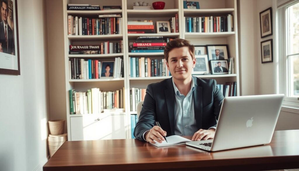 A professional journalist, Adam Kornacki, is captured in a cozy, well-lit office space. In the foreground, he is seated at a sleek wooden desk, wearing smart casual attire, with a notepad and a laptop open in front of him. His expression is focused and contemplative, suggesting deep engagement with his work. In the middle ground, there are bookshelves filled with various journalism and literature books, along with framed photographs from his travels and interviews, showcasing his career and passions. The background features a large window allowing soft, natural light to fill the room, creating a warm and inviting atmosphere. The overall mood is professional yet personal, emphasizing the blend of work and passion that defines his life outside the camera.