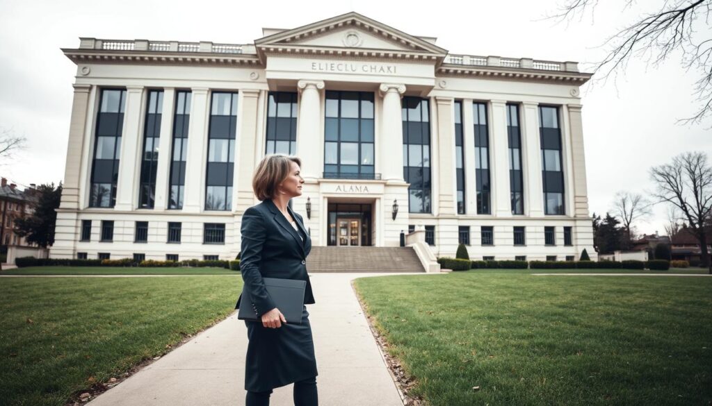 A professional-looking government office building on Aleja Szucha, Warsaw, featuring the imposing facade with large windows and classic architecture. In the foreground, a well-dressed individual, a middle-aged woman in a tailored business suit, stands confidently with a folder in hand, gazing towards the entrance. The middle ground showcases a manicured lawn with careful landscaping and a pathway leading up to the entrance, creating a sense of formality. In the background, the sky is overcast, with soft, diffused lighting enhancing a contemplative and serious atmosphere. The scene is captured from a slightly low angle, emphasizing the grandeur of the building while maintaining a respectful and professional mood, suitable for discussing governmental housing controversies.