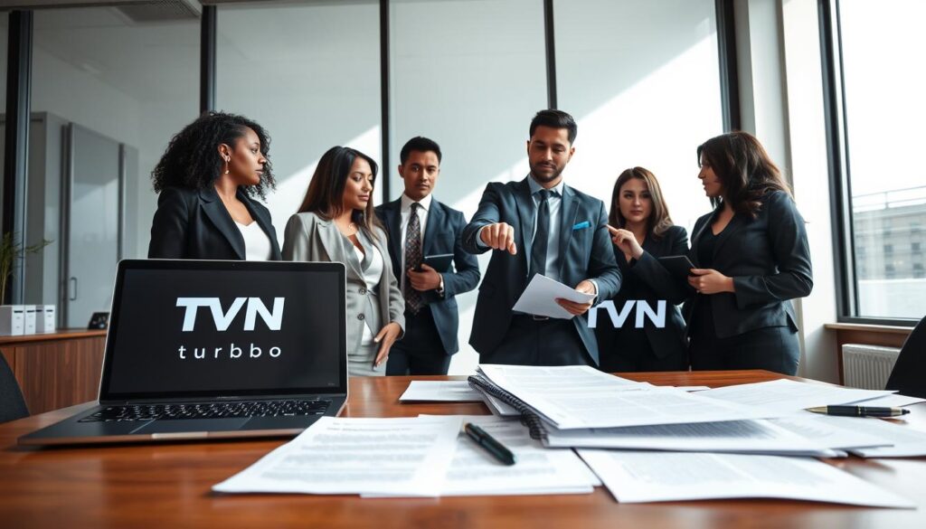 A professional office setting focused on legal documents and collaboration in television broadcasting. In the foreground, a wooden desk piled with legal papers, contracts, and a laptop displaying television logos, specifically TVN Turbo. In the middle, a group of three diverse individuals dressed in professional business attire, engaged in a serious discussion, pointing at the documents. The background features large windows with natural light streaming in, casting soft shadows across the room. The atmosphere is tense yet collaborative, conveying the gravity of legal implications in media partnerships. Use a wide-angle lens to include the workspace and maintain a balanced perspective, highlighting the group's expressions and the documents.