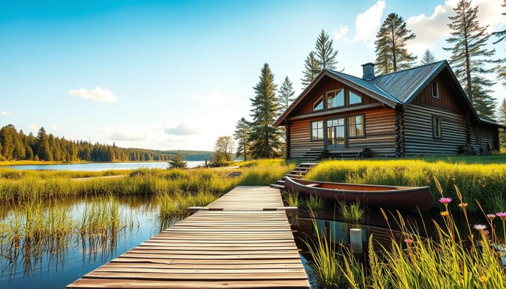 A scenic view of a Mazurian base, a charming wooden house with a sloping roof and large windows, set amidst lush greenery and serene lakes. In the foreground, a wooden dock extends into the calm waters, with a small canoe anchored nearby, reflecting the tranquil atmosphere. The middle ground features vibrant wildflowers and tall grasses swaying gently in a light breeze, enhancing the natural beauty of the surroundings. In the background, tall pine trees rise against a clear blue sky, while soft clouds float lazily by. The scene is bathed in warm, golden sunlight, creating a peaceful and inviting mood, perfect for illustrating independence and passion in life. The composition is shot at a slightly elevated angle to capture the harmonious blend of nature and the distinctive architecture of the house.