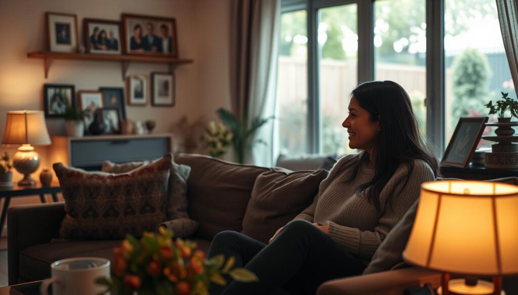 A serene and intimate scene focused on personal relationships and private life, featuring a cozy living room. In the foreground, two friends are engaged in a deep conversation, sitting comfortably on a stylish couch, both dressed in modest casual clothing. Their expressions are warm and genuine, reflecting trust and camaraderie. In the middle ground, a well-decorated space with soft lighting emanating from elegant lamps, creating a warm atmosphere. Family photos and personal mementos adorn the walls, adding a personal touch. In the background, a glimpse of a garden through a large window, with soft natural light filtering in, enhancing the mood of intimacy and connection. The overall vibe is inviting and heartfelt, capturing the essence of personal relationships.