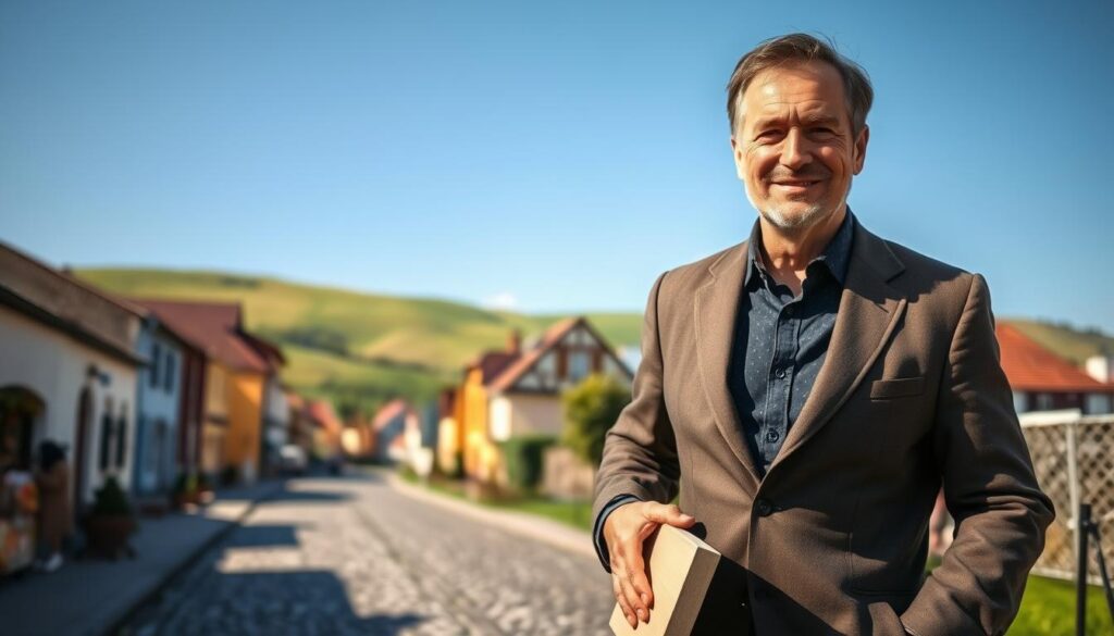 A serene and inviting scene depicting Andrzej Cierniewski returning to Poland. In the foreground, a middle-aged man dressed in a smart casual outfit, smiling with a gentle expression, carries a canvas under his arm. The middle ground features a charming small-town street lined with traditional Polish architecture, including pastel-colored buildings and cobblestone pathways. In the background, rolling green hills under a clear blue sky create a peaceful atmosphere. Soft, warm sunlight bathes the scene, casting gentle shadows, evoking a sense of nostalgia and tranquility. The focus is sharp on the man, while the background has a slight bokeh effect to emphasize his return to his artistic roots in a calm and inspiring environment. A serene and inviting scene depicting Andrzej Cierniewski returning to Poland. In the foreground, a middle-aged man dressed in a smart casual outfit, smiling with a gentle expression, carries a canvas under his arm. The middle ground features a charming small-town street lined with traditional Polish architecture, including pastel-colored buildings and cobblestone pathways. In the background, rolling green hills under a clear blue sky create a peaceful atmosphere. Soft, warm sunlight bathes the scene, casting gentle shadows, evoking a sense of nostalgia and tranquility. The focus is sharp on the man, while the background has a slight bokeh effect to emphasize his return to his artistic roots in a calm and inspiring environment.