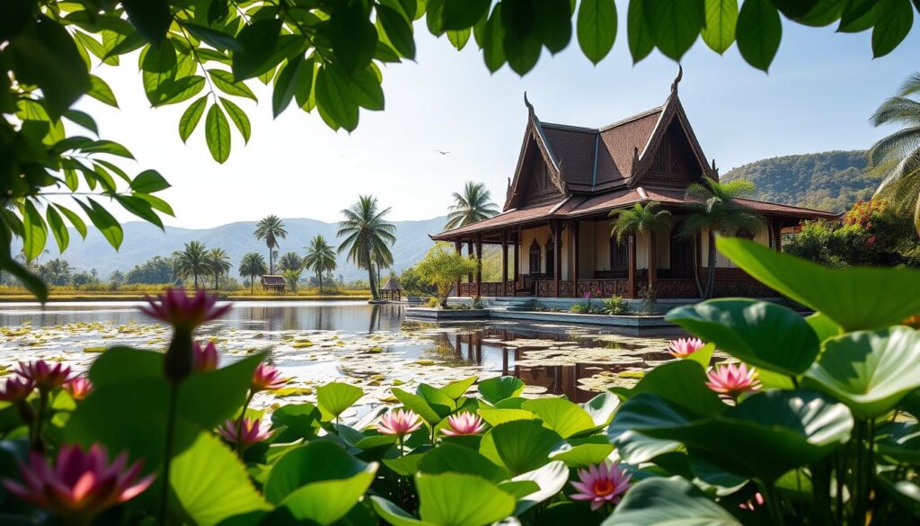 A serene and picturesque view of a traditional Thai house (Tajlandia dom), elegantly perched by a tranquil lily pond. In the foreground, vibrant green foliage and colorful tropical flowers frame the house, emphasizing its intricate wooden architecture with ornate carvings and a steep, sloping roof. The middle ground features the house's reflection shimmering on the water's surface, surrounded by lush palm trees. In the background, gentle hills and a clear blue sky create a peaceful atmosphere, with soft sunlight filtering through the leaves, casting dappled shadows. The overall mood is one of tranquility and artistic inspiration, embodying a relaxing sanctuary for an artist. The angle captures the essence of the location from slightly below eye level, enhancing the grandeur of the house while inviting viewers into this tranquil oasis. A serene and picturesque view of a traditional Thai house (Tajlandia dom), elegantly perched by a tranquil lily pond. In the foreground, vibrant green foliage and colorful tropical flowers frame the house, emphasizing its intricate wooden architecture with ornate carvings and a steep, sloping roof. The middle ground features the house's reflection shimmering on the water's surface, surrounded by lush palm trees. In the background, gentle hills and a clear blue sky create a peaceful atmosphere, with soft sunlight filtering through the leaves, casting dappled shadows. The overall mood is one of tranquility and artistic inspiration, embodying a relaxing sanctuary for an artist. The angle captures the essence of the location from slightly below eye level, enhancing the grandeur of the house while inviting viewers into this tranquil oasis.