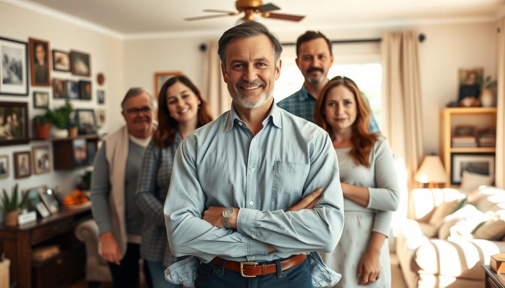 A serene family portrait featuring Andrzej Grabowski standing confidently in the foreground, dressed in smart casual attire, surrounded by his family members. Each person displays a warm, welcoming expression, embodying close familial ties. In the middle ground, there is a cozy living room filled with family memorabilia, framed photos on the walls showcasing cherished memories. In the background, a large window lets in soft, natural light, illuminating the space and casting gentle shadows, creating a warm atmosphere. The color palette is warm with earthy tones, evoking a sense of homeliness and comfort. The composition is balanced with a focus on the family, while maintaining a calm and reflective mood that conveys the importance of family influence on life decisions.