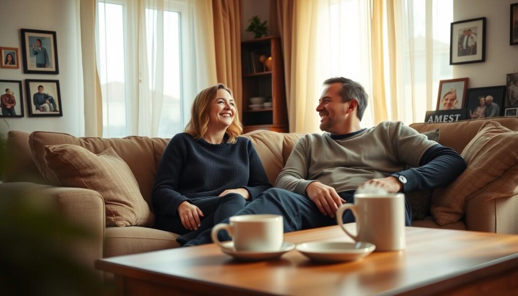 A serene family setting showcasing Edyta Geppert and Piotr Loretz in a cozy, inviting living room. In the foreground, Edyta, dressed in modest casual clothing, is seen laughing with Piotr, who is also in casual attire, as they sit on a comfortable sofa surrounded by family photos on the walls. The middle ground features a warm coffee table with a steaming mug, symbolizing comfort and connection. In the background, soft golden light filters through sheer curtains, casting a gentle glow, enhancing the intimate atmosphere. The overall mood conveys tranquility, warmth, and familial love, encapsulating their peaceful life outside the spotlight. The image should be shot with a soft focus lens to create a dreamy, nostalgic effect.