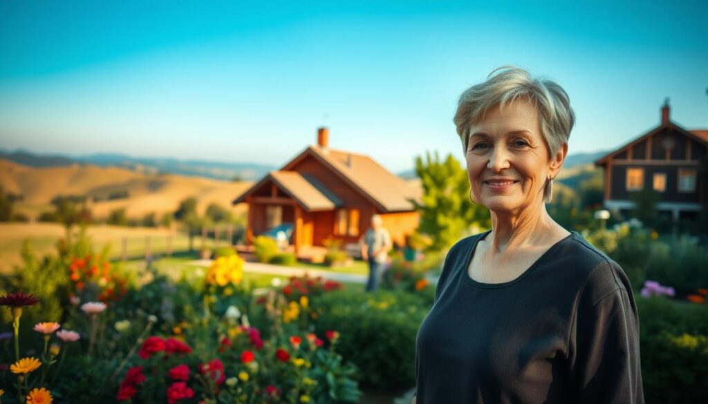 A serene landscape capturing Irena Santor in her tranquil lifestyle. In the foreground, a mature woman with short, styled hair, dressed in elegant yet modest casual attire, stands peacefully in her lush garden, surrounded by colorful flowers and greenery. The middle ground features a charming wooden cottage, hinting at her cozy home life, with warm, inviting windows glowing softly. In the background, gently rolling hills fade into a horizon under a clear blue sky, enhancing the peaceful atmosphere. The sunlight bathes the scene in a warm golden hue, creating a serene and uplifting mood. The perspective is a slightly elevated angle, reminiscent of a personal snapshot that invites viewers into her world.