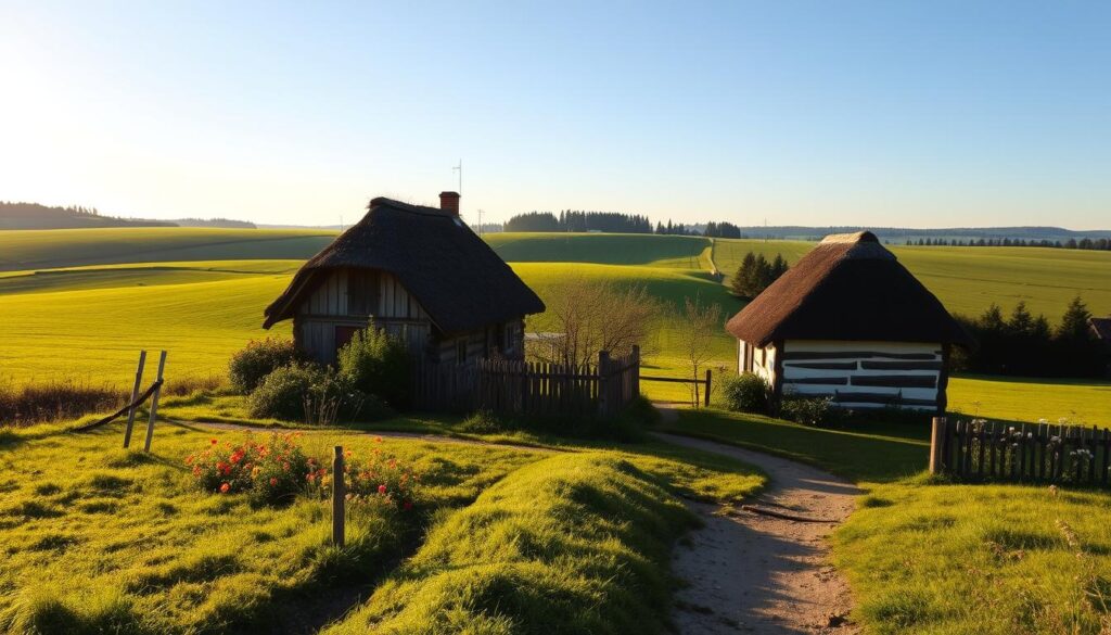 A serene landscape depicting Międzyrzec Podlaski, Poland, in the early morning light. In the foreground, a quaint, traditional Polish house with a thatched roof and a small garden filled with colorful flowers. A dirt path winds through the garden, leading to an old wooden fence. In the middle ground, lush green fields stretch out, dotted with wildflowers under a clear blue sky. The background features gentle rolling hills, perhaps with a hint of distant forests. Soft sunlight casts warm shadows, creating a peaceful and nostalgic atmosphere, evoking the humble beginnings of an artist. The overall mood is one of tranquility and reflection, capturing the essence of small-town life in Poland during the artist's formative years.