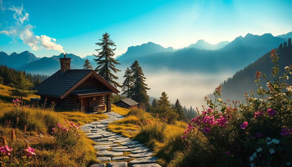 A serene landscape depicting a small village built high in the mountains, surrounded by lush greenery under a bright blue sky. In the foreground, a charming stone pathway leads towards a modest wooden house with smoke gently rising from the chimney, suggesting warmth and life inside. The middle ground features blooming wildflowers and tall, majestic trees swaying in a soft breeze, enhancing the idyllic atmosphere. In the background, towering misty mountains stand proudly against the horizon, casting subtle shadows. The lighting is a warm, golden hour glow, highlighting the beauty and tranquility of the scene. The overall mood is peaceful and contemplative, inviting the viewer to ponder life's deeper meanings.