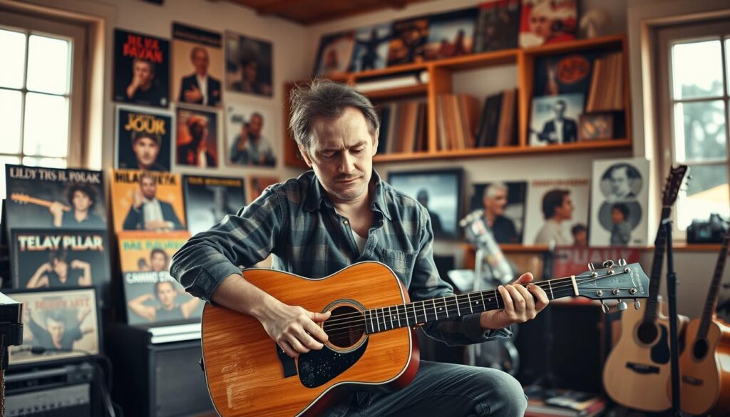 A serene music studio scene featuring Andrzej Cierniewski, a renowned Polish artist, immersed in his creative process. In the foreground, he is depicted playing a vintage acoustic guitar, dressed in modest casual clothing. His expression is focused and passionate. The middle ground showcases a collection of his most popular album covers artistically arranged, hinting at his significant musical achievements. In the background, warm natural light spills through large windows, illuminating shelves filled with records and instruments, creating an inviting and nostalgic atmosphere. The overall mood is reflective and inspiring, capturing the essence of his musical journey and artistic contributions. A serene music studio scene featuring Andrzej Cierniewski, a renowned Polish artist, immersed in his creative process. In the foreground, he is depicted playing a vintage acoustic guitar, dressed in modest casual clothing. His expression is focused and passionate. The middle ground showcases a collection of his most popular album covers artistically arranged, hinting at his significant musical achievements. In the background, warm natural light spills through large windows, illuminating shelves filled with records and instruments, creating an inviting and nostalgic atmosphere. The overall mood is reflective and inspiring, capturing the essence of his musical journey and artistic contributions.