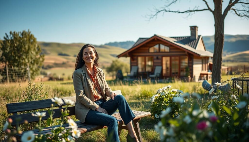 A serene outdoor scene capturing the private life of Tatiana Okupnik, set in a tranquil countryside environment. In the foreground, a stylish woman in casual yet elegant attire, with a warm smile, sits on a wooden bench surrounded by lush greenery and blooming flowers. The middle ground features a cozy cottage with large windows, radiating soft, inviting light, suggesting a peaceful retreat. In the background, rolling hills and a clear blue sky create an expansive, calming vista. The sunlight casts gentle shadows, enhancing the tranquil mood. The scene conveys a sense of harmony and retreat from urban chaos, emphasizing her personal space and connection to nature, with a focus on warmth and comfort.
