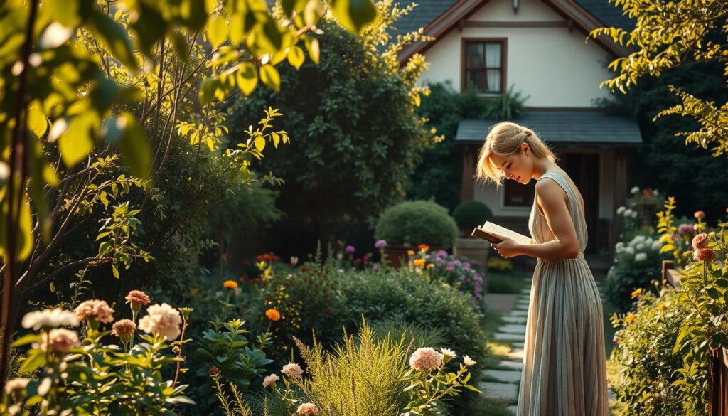A serene scene capturing the essence of Otwock as a peaceful sanctuary for an iconic star. In the foreground, a modestly dressed female figure, embodying a celebrity's essence, engages in a daily ritual, perhaps watering plants or reading a book in a sun-dappled garden. The middle ground features lush greenery, symbolizing tranquility, with vibrant flowers and a rustic path leading deeper into the garden. In the background, a charming cottage with wooden beams peeks through the foliage, emanating warmth and security. The lighting is soft and golden, suggesting late afternoon, casting gentle shadows and creating a tranquil mood. The composition focuses on the subject's connection with nature, reflecting a moment of introspection and peace away from the spotlight.