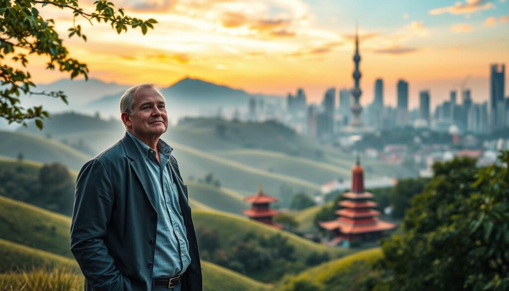 A serene scene depicting Jerzy Kryszak standing thoughtfully between a lush green landscape representing Poland and a vibrant, bustling Asian cityscape in the background. In the foreground, he is dressed in a smart casual outfit, reflecting a blend of Polish and Asian cultural elements. The middle ground shows gentle rolling hills fading into the iconic skyline of an Asian metropolis, perhaps featuring pagodas and modern skyscrapers. The sky transitions from a tranquil sunrise in Poland to a dynamic sunset in Asia, symbolizing the connection between the two worlds. Soft, warm lighting casts a welcoming atmosphere, while the angle is slightly tilted to emphasize the expanse of both regions, evoking a sense of harmony and balance between them. A serene scene depicting Jerzy Kryszak standing thoughtfully between a lush green landscape representing Poland and a vibrant, bustling Asian cityscape in the background. In the foreground, he is dressed in a smart casual outfit, reflecting a blend of Polish and Asian cultural elements. The middle ground shows gentle rolling hills fading into the iconic skyline of an Asian metropolis, perhaps featuring pagodas and modern skyscrapers. The sky transitions from a tranquil sunrise in Poland to a dynamic sunset in Asia, symbolizing the connection between the two worlds. Soft, warm lighting casts a welcoming atmosphere, while the angle is slightly tilted to emphasize the expanse of both regions, evoking a sense of harmony and balance between them.